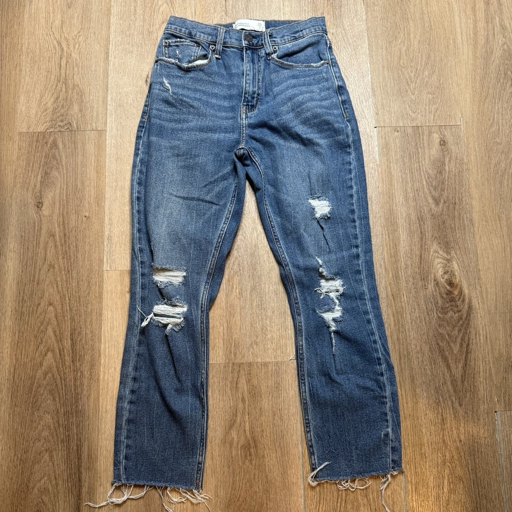 Abercrombie & Fitch High Rise Mom Dark Denim Jeans Distressed Women's size 26/2